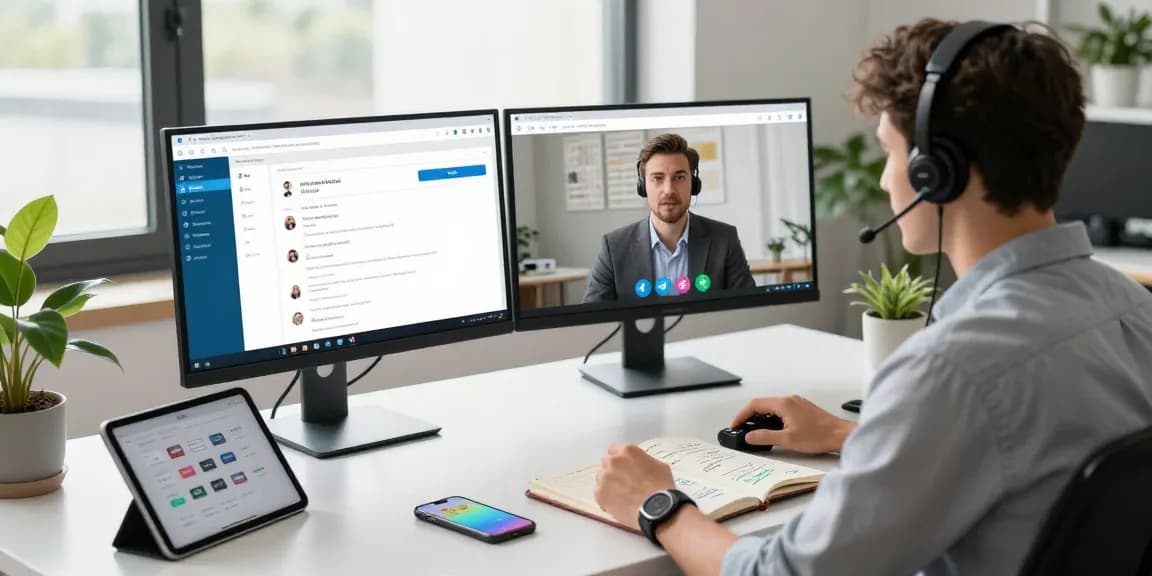 Professional using Telegram Web Version in a modern workspace, showcasing collaborative technology and productivity.