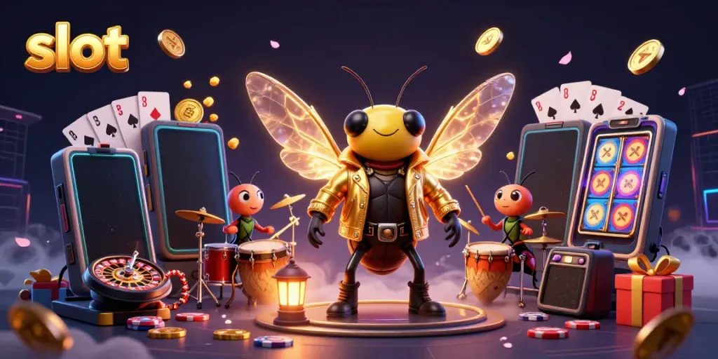 Experience thrilling slot action with a vibrant 3D illustration featuring colorful games, winning coins, and dynamic characters.