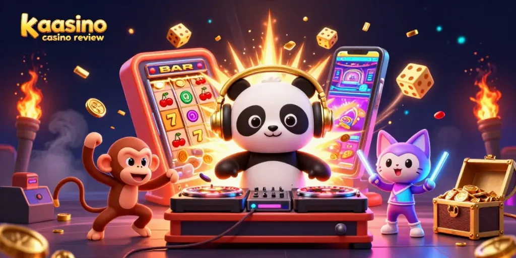 Kaasino casino review showcases a vibrant 3D digital scene featuring playful characters and casino elements