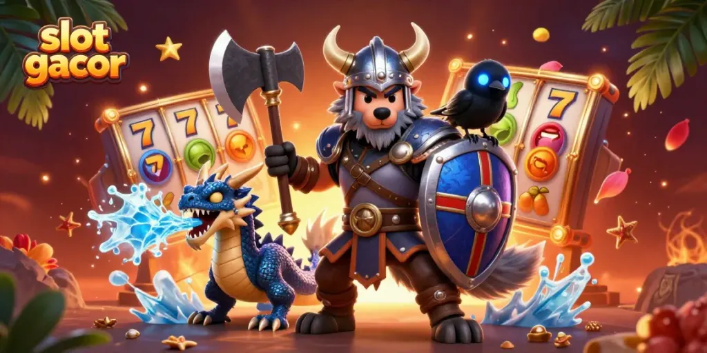 Engage with spirited slot gacor action in an illustration showing a Viking warrior, dragon, and cartoon raven amidst vibrant slot elements.