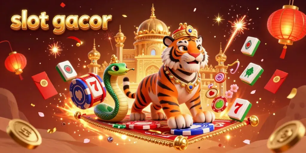 Experience the excitement of slot gacor with a thrilling 3D illustration featuring a vibrant tiger sultan, flying carpet, and rich casino elements.