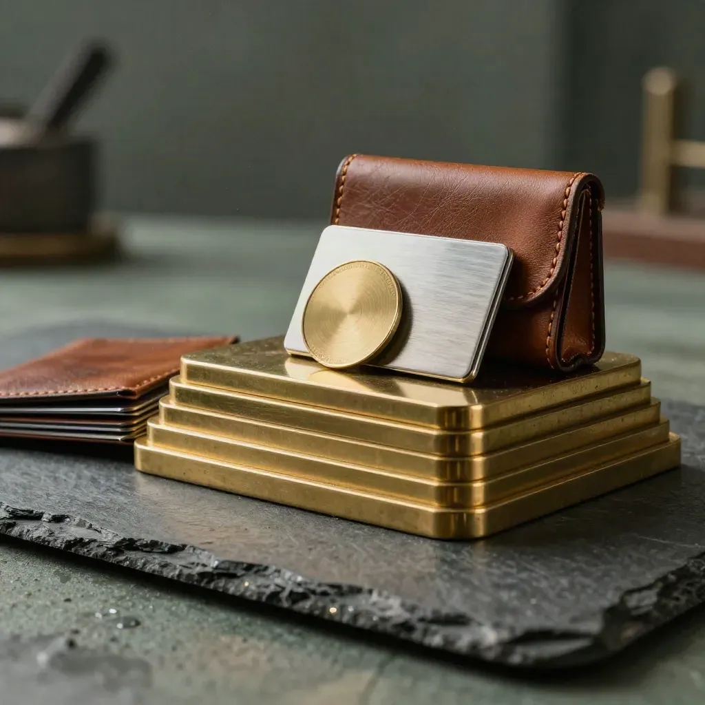 Monumentale brass statusstack met tierplaten, medaillon en leren etui op leisteen.