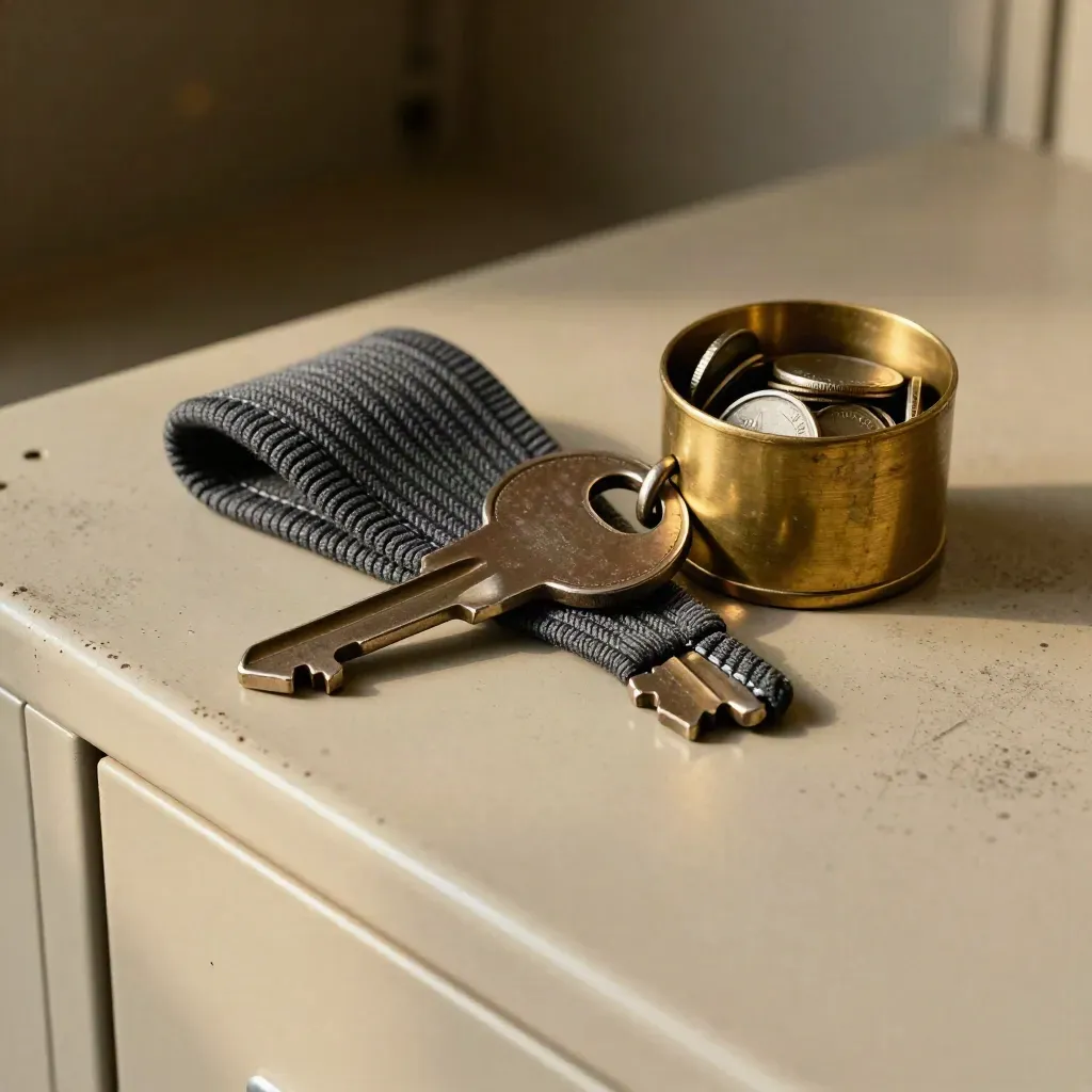 Close-up van kapiteinsband, lockerplaatje en koperen tokenbeker op een houten bank.