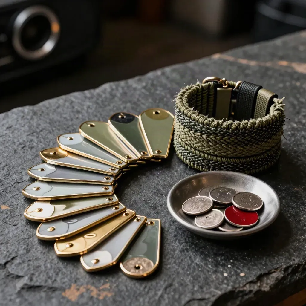 Enamel badges, polsbandjes en een tokenbakje op donkere steen met warm licht.