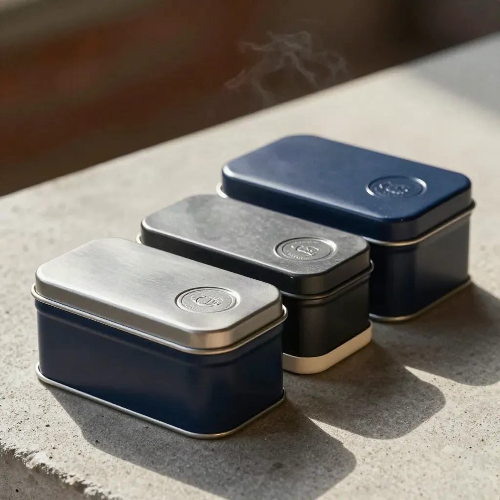 Matte sample tins, seal discs en een kartonnen hoek in donkerblauw op een donkere ondergrond.