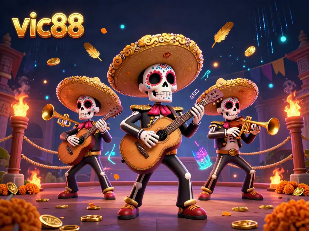 Engage with vic88's vibrant casino experience featuring mariachi characters and rich gambling elements.