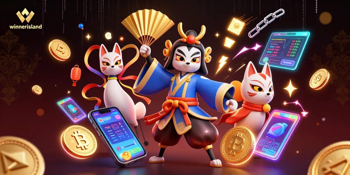 winnerisland presents a vibrant 3D casino scene with kabuki characters and crypto elements.