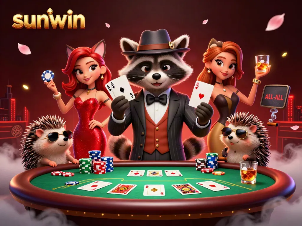 Win big with sunwin as a suave raccoon deals a royal flush at a lively casino table.