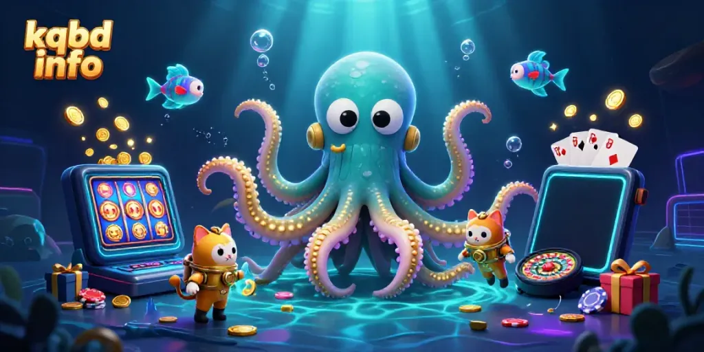 Engage with kqbd info through a vibrant casino-themed underwater scene showcasing kraken and diving cat
