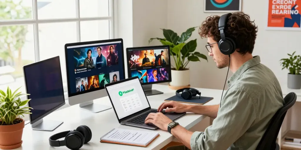 Download here the latest Pikashow APK in a vibrant tech workspace.