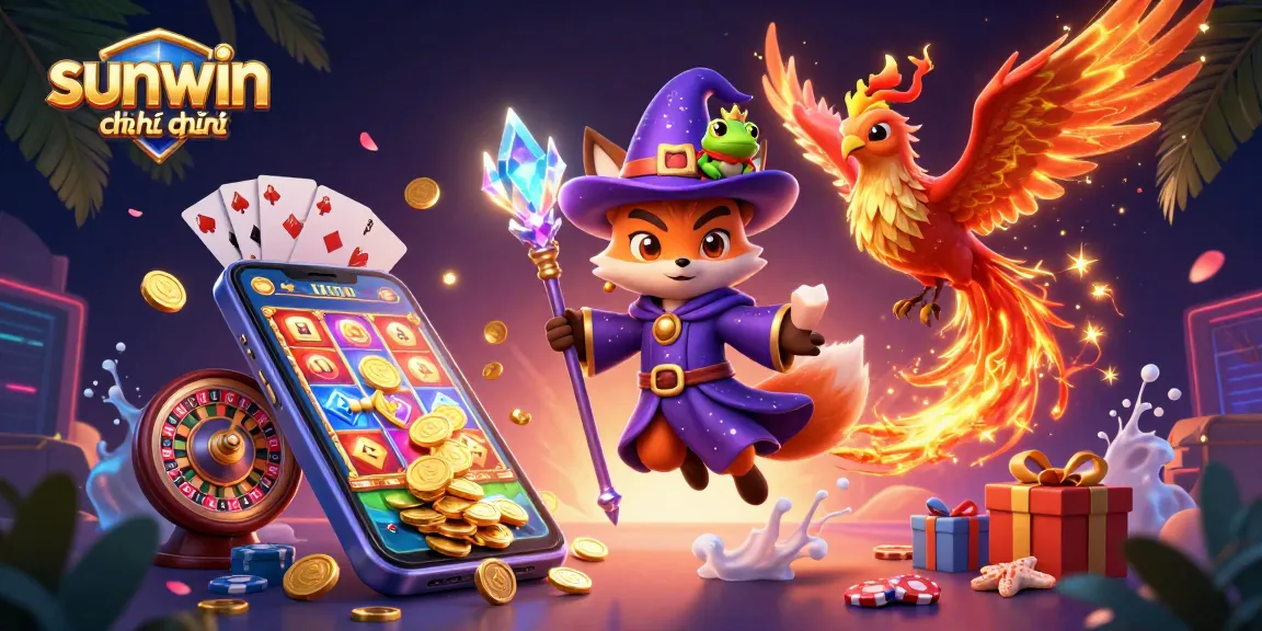 Engage with the vibrant world of sunwin chính thức through this dynamic casino illustration featuring a wizard, phoenix, and gambling elements.