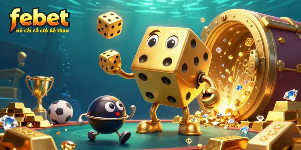 Featuring febet 2025 nhà cái cá cược thể thao, a dynamic scene of golden dice, sports elements, and treasure in a vibrant casino.