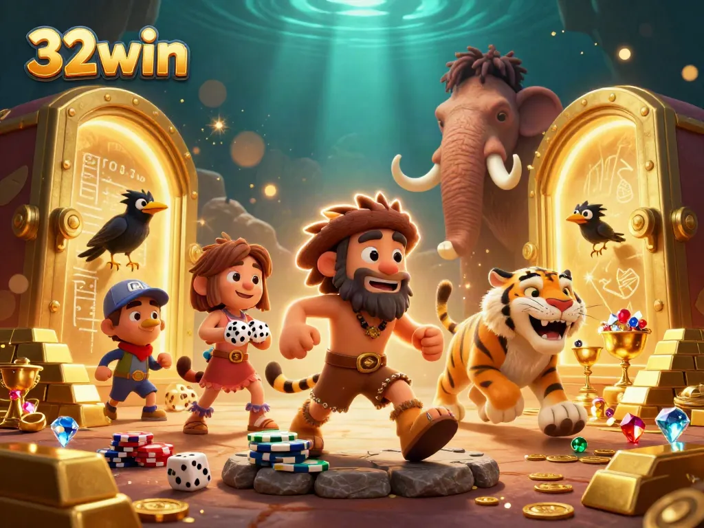 Experience thrilling casino adventures with 32win, featuring dynamic prehistoric characters and treasures.