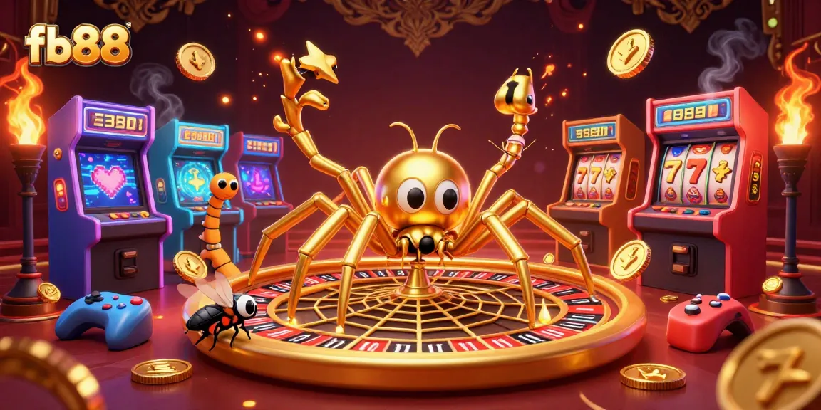 Experience the thrill of fb88 with a golden spider creating a roulette web; a vibrant casino environment full of excitement and gaming.
