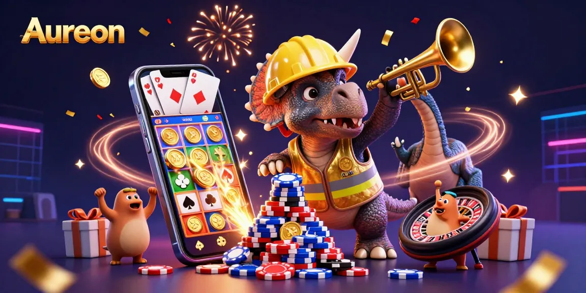 Aureon features a playful triceratops and parasaurolophus celebrating with game elements, highlighting gaming excitement.