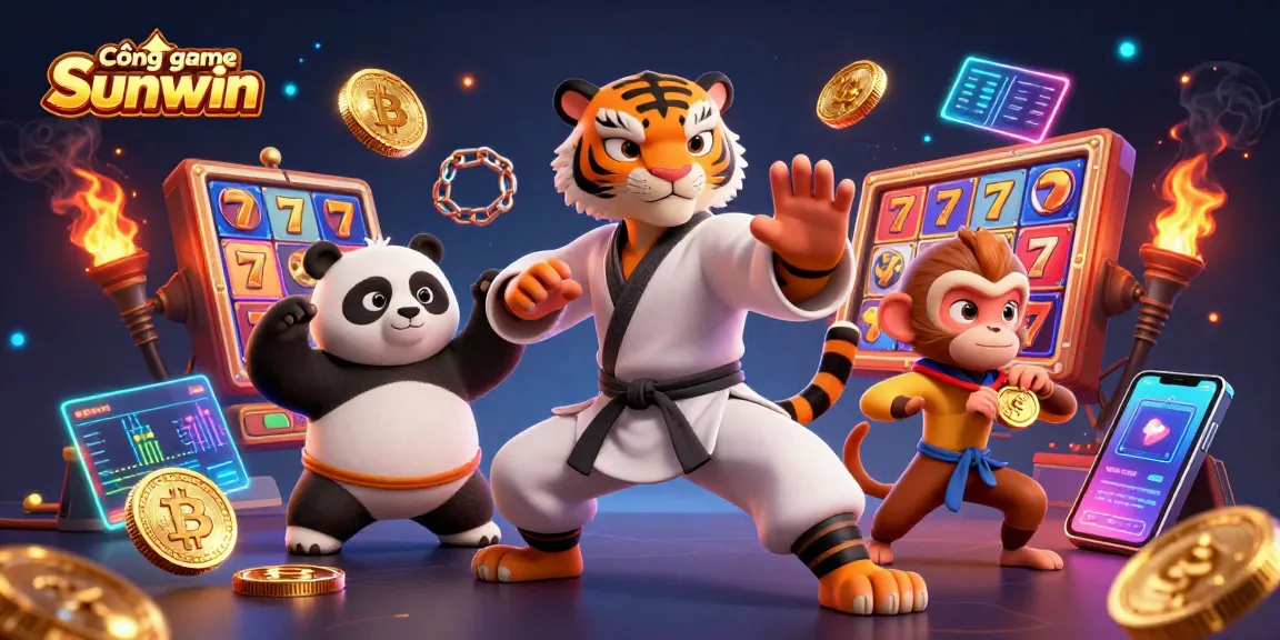 Cổng game Sunwin showcases a vibrant scene with a kung fu tiger, panda, and monkey amidst slot reels and cryptocurrency elements.